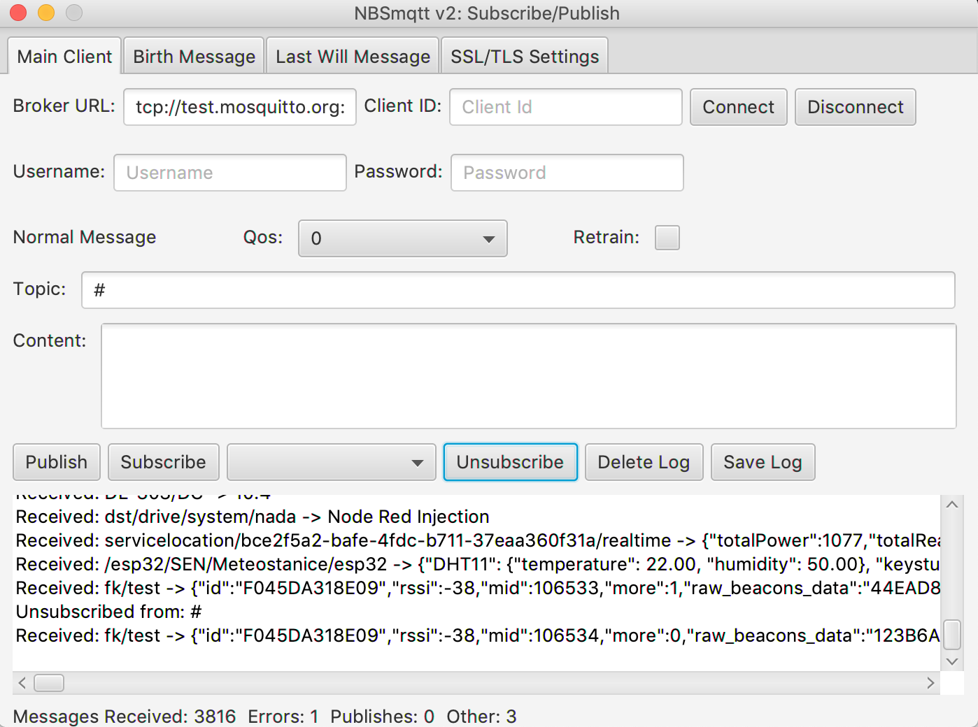 A screenshot of the NBSmqtt client